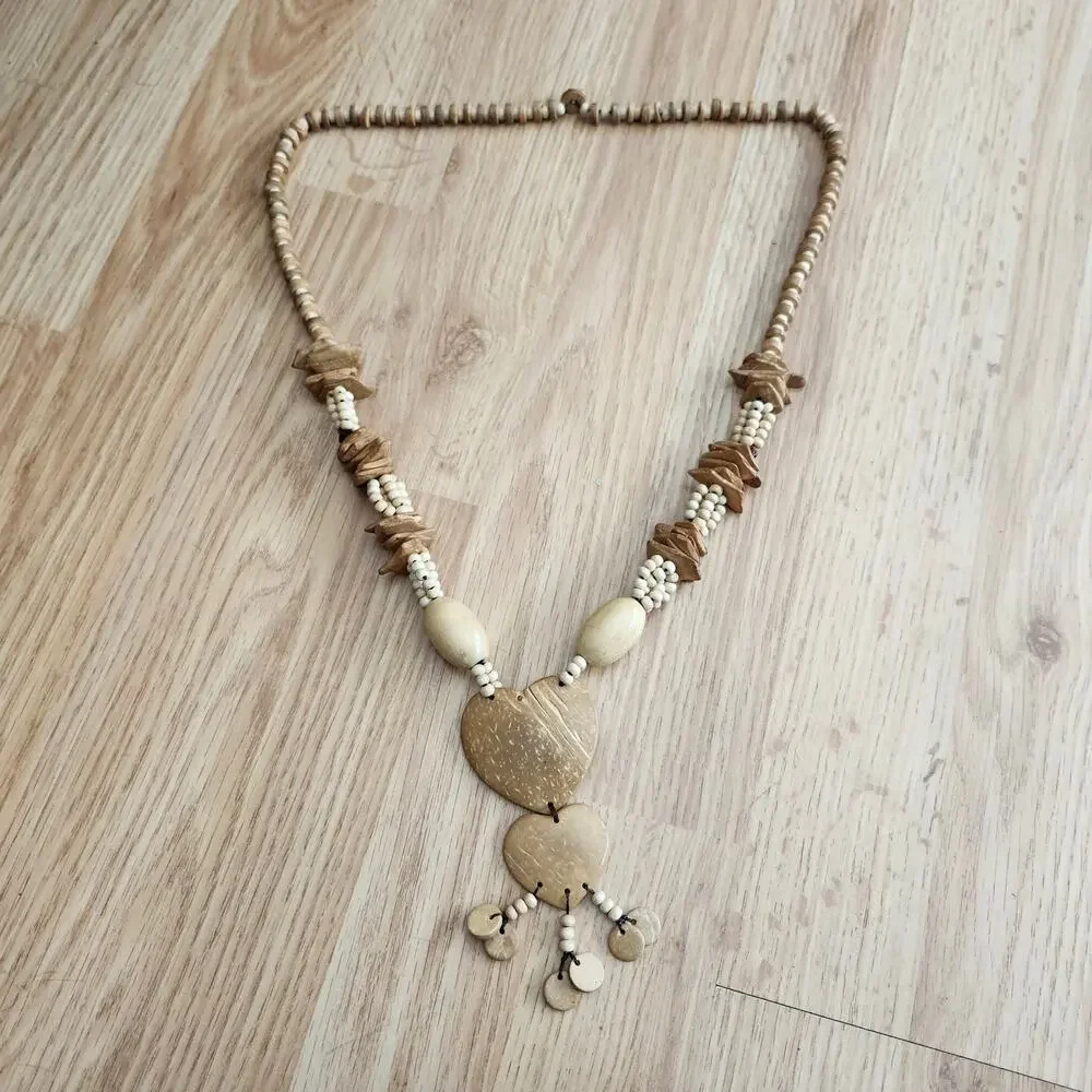 Boho Coconut‎ Shell Wood Bead Double Heart Pendant Necklace Tribal Beach Style